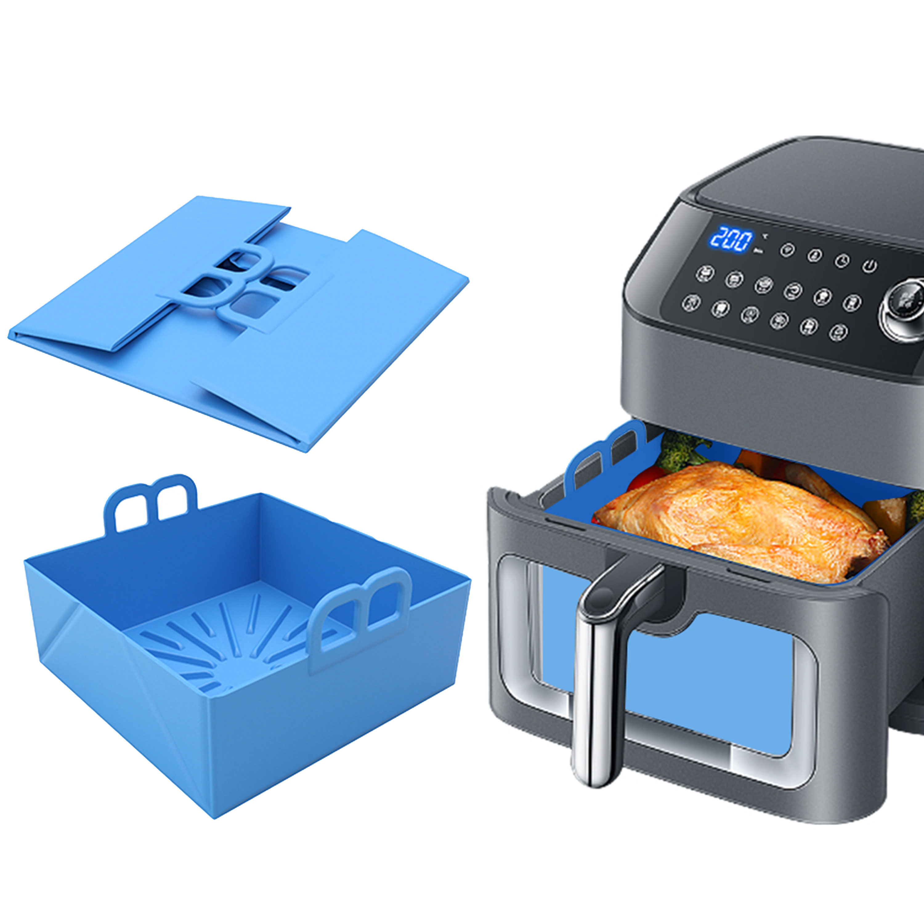 Air Fryer Silicone Pot Liner - 折りたたみ式エアフライヤーシリコントレイディッシュバスケット再利用可能なベーキングパンオーブンポットプレートライナー型ほとんどの8.5インチエアフライヤーに対応