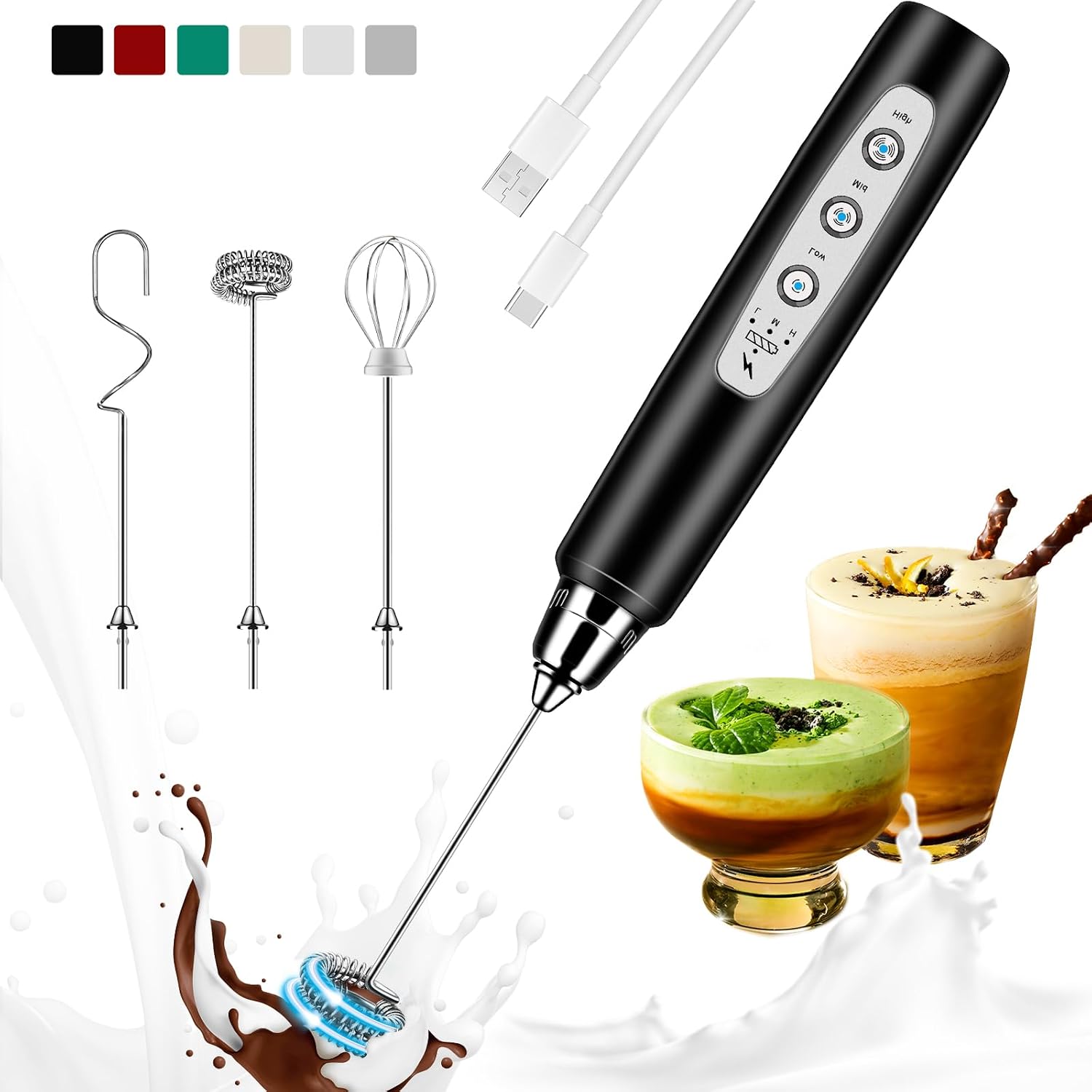 Electric Milk Frother Handheld - 充電式ミルク泡立て器、ハンドヘルド、3段階速度調整可能な電動泡立て器、コーヒー、ラテ、カプチーノ、抹茶、卵用、ブラック