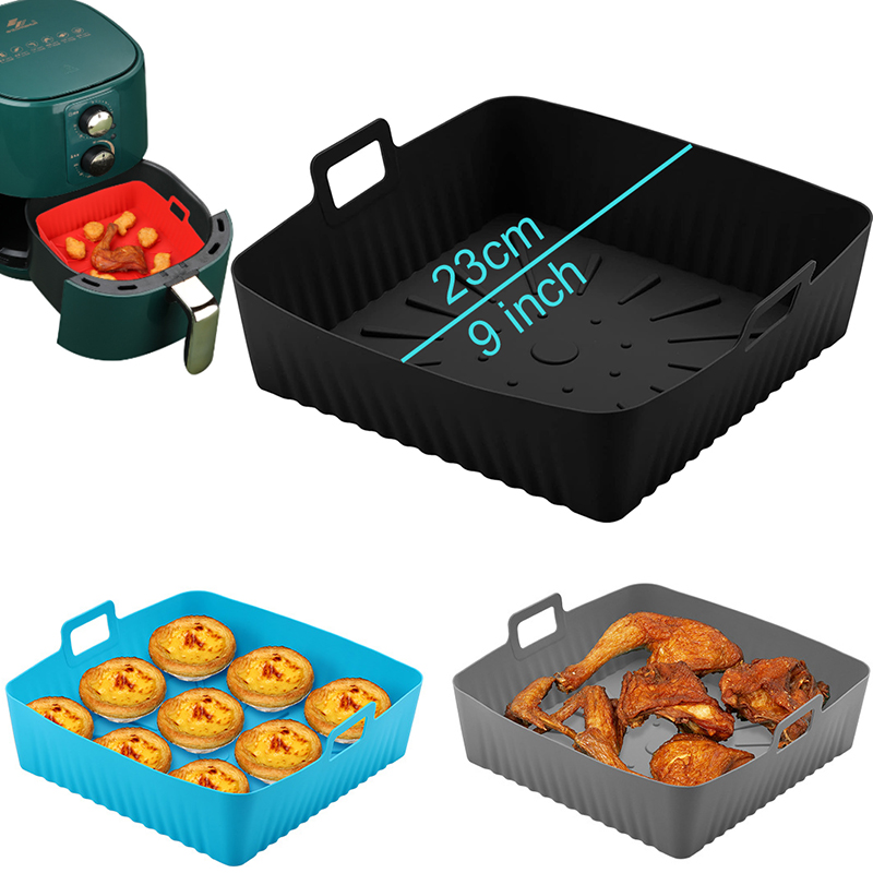 Air Fryer Silicone Pot Liner - 大 23 センチメートルエアフライヤーシリコンバスケット 9 インチノンフライヤーライナー型再利用可能な正方形オーブンベーキングトレイポット Cosori