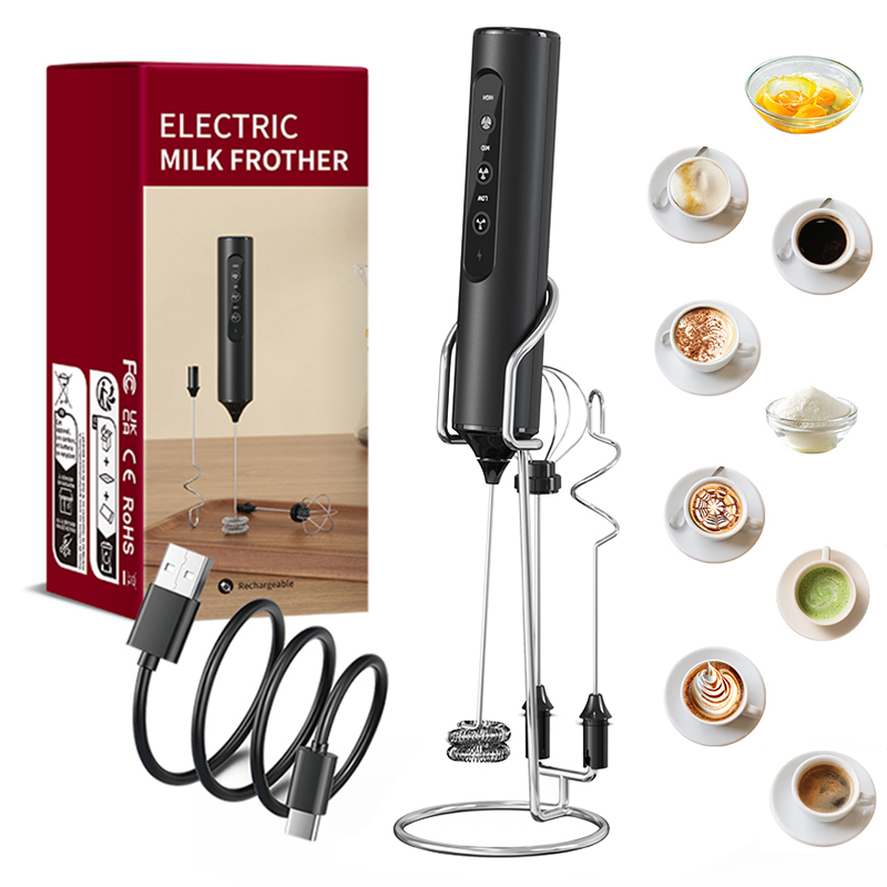 Electric Milk Frother Handheld - 3 in 1 電動ハンドミルクフォーマー、3段階速度調整、ミニハンドミキサー、取り外し可能なステンレス製泡立て器、家庭用キッチンツール