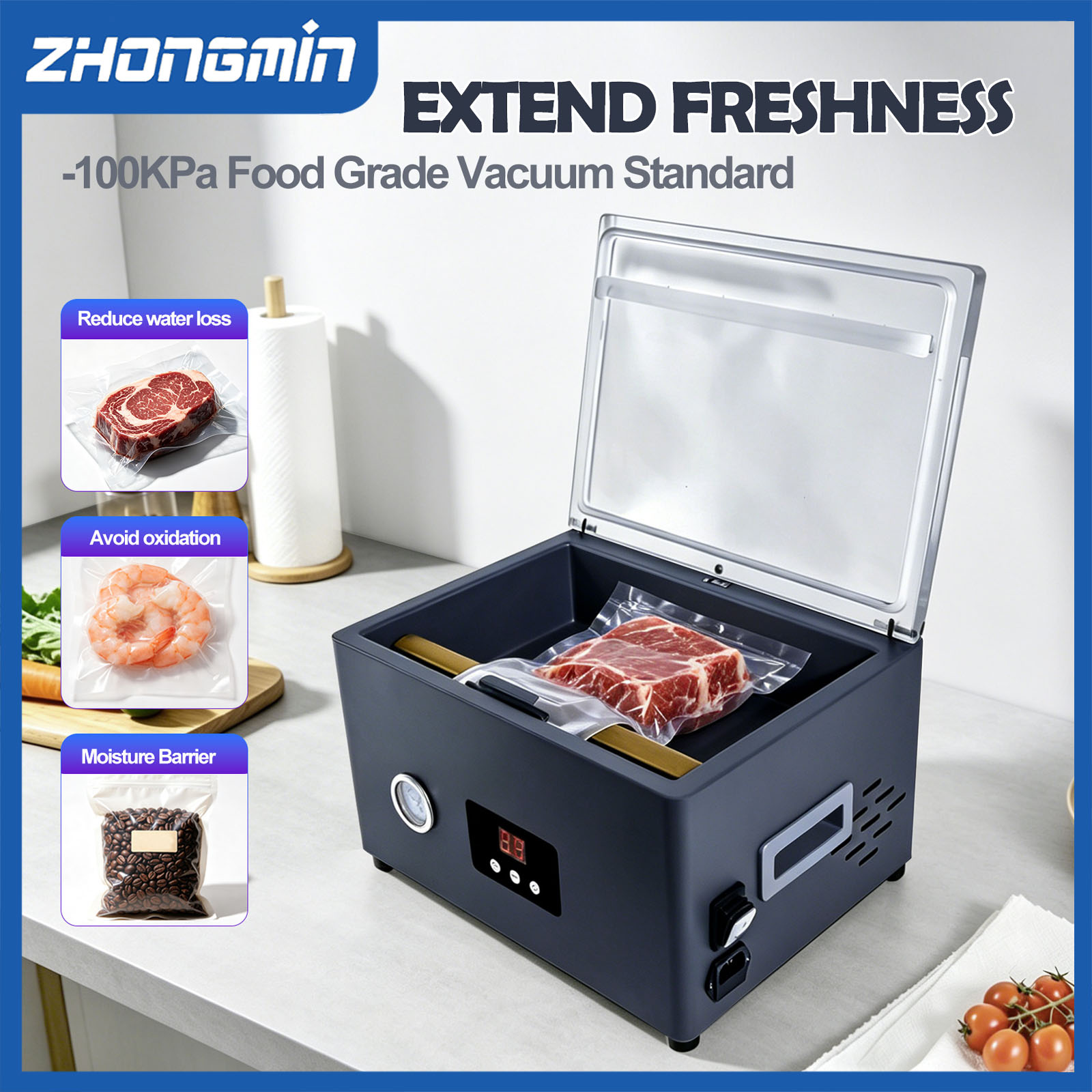 Food Vacuum Sealer Machine - ZHONGMIN 食品真空シーラー機 電動自動真空包装機 キッチン用食品保存機 220V/110V