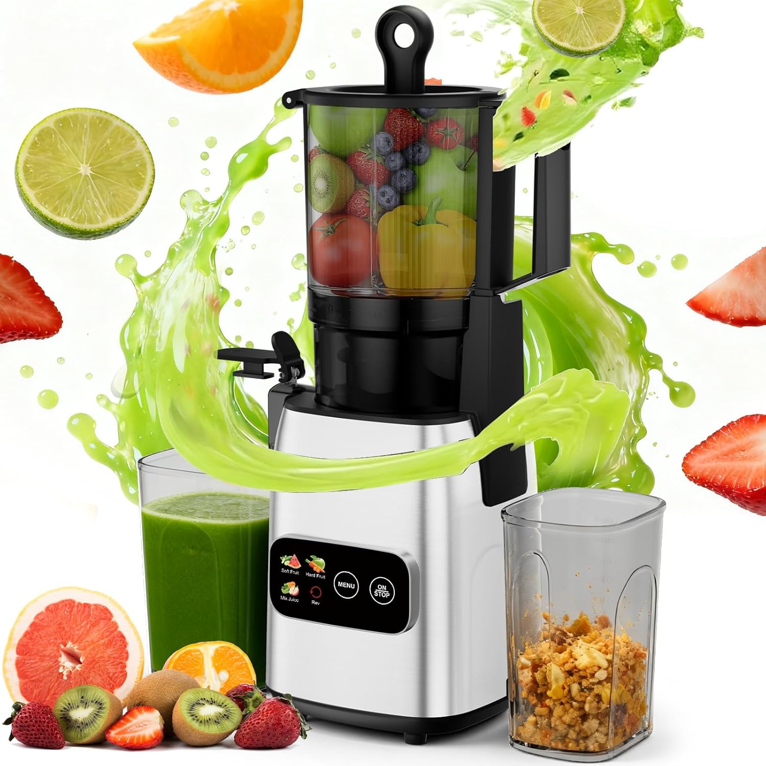 Electric Slow Juicer Cold Press - 低速咀嚼式コールドプレスジューサー、300W、5.4インチ幅広投入口、野菜と果物用の電動ジュース抽出器、ステンレス製