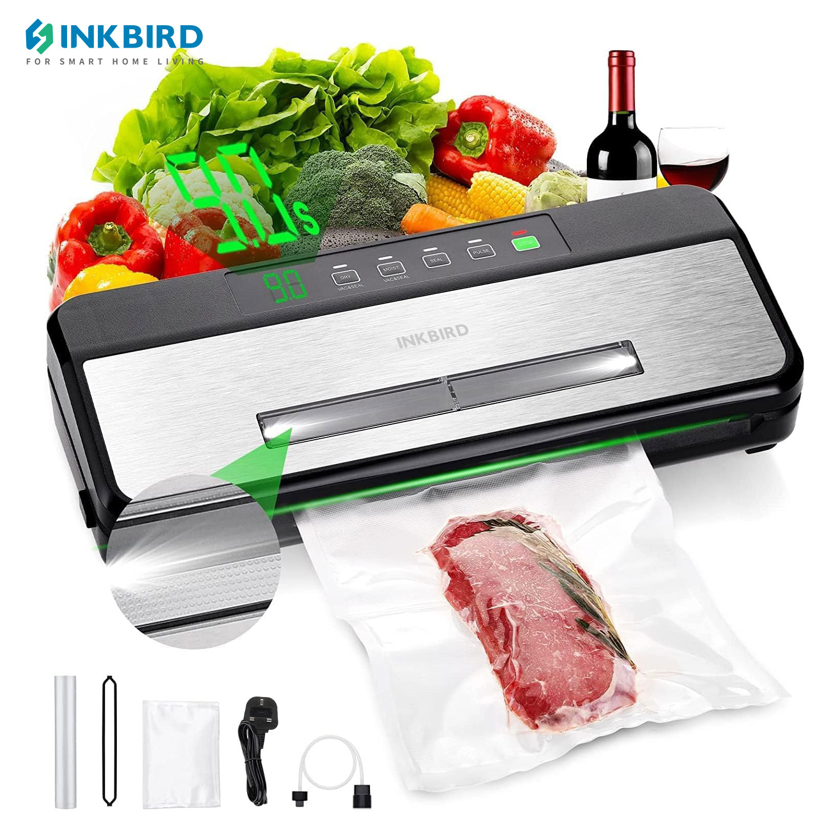 Food Vacuum Sealer Machine - スターターキット付き真空シーラーINKBIRD-3rd,高吸引80Kpa,キッチンおよび家庭用食品シーラー,肉および野菜用